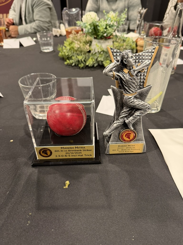 Mounted hat-trick ball and best bowling average trophy